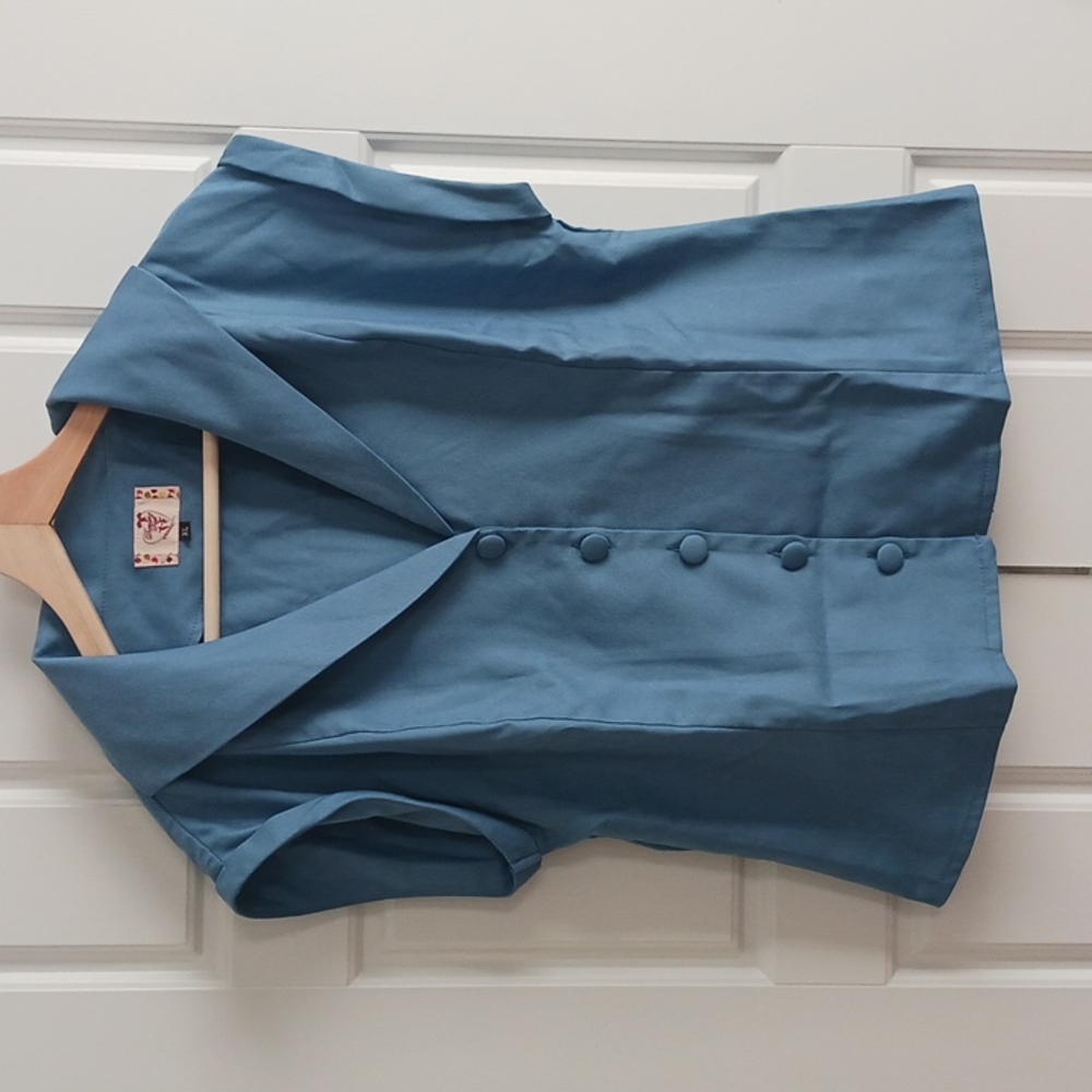 Collared Button Down Blouse Vintage Style Blue L-XL